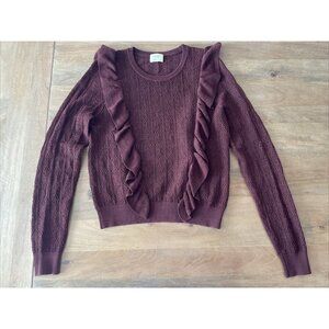 Aritzia Wilfred Bernelle Sweater Womens Large Maroon Ruffle Open Knit Sweatshirt